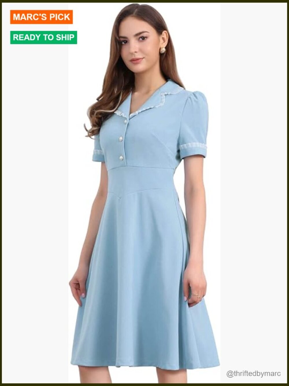 Vintage 1950s Puff Sleeve Peter Pan Collar Midi Dress Work Casual